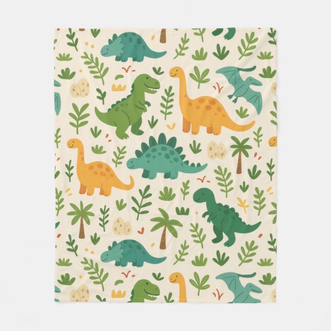 Playful Prehistoric Dinosaur Pattern Cheerful Leaf Fleece Blanket (Front)