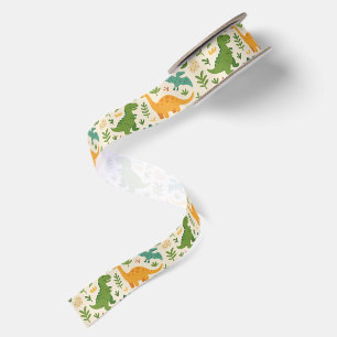 Playful Prehistoric Dinosaur Pattern Kids Birthday Satin Ribbon