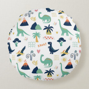 Playful Prehistoric Dinosaur & Volcano Pattern Round Pillow