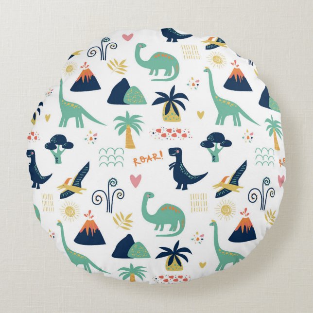 Playful Prehistoric Dinosaur & Volcano Pattern Round Pillow (Front)