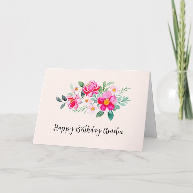 Playful Pretty Pink Flower Bouquet Birthday Card (Front)