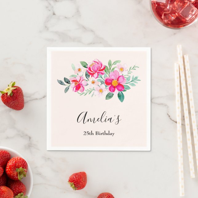 Playful Pretty Pink Flower Bouquet Birthday Napkins (Insitu)