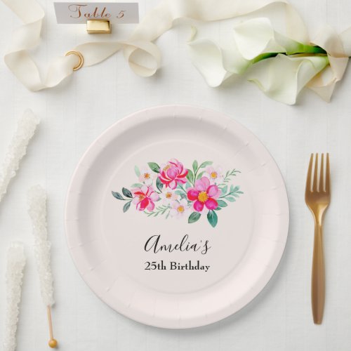 Playful Pretty Pink Flower Bouquet Birthday Paper Plates