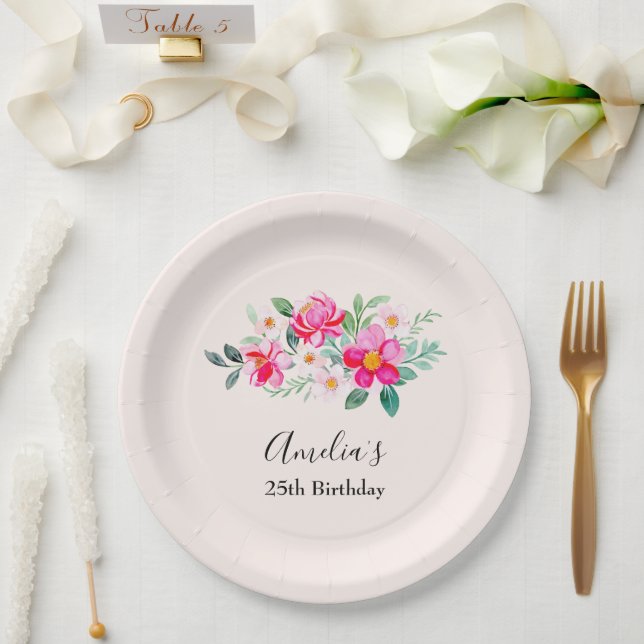 Playful Pretty Pink Flower Bouquet Birthday Paper Plates (Wedding)