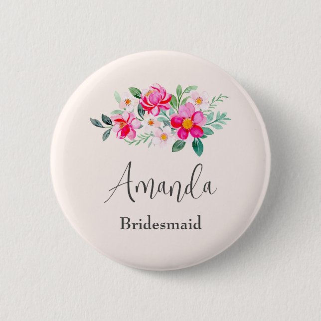 Playful Pretty Pink Flower Bouquet Bridesmaid Button (Front)