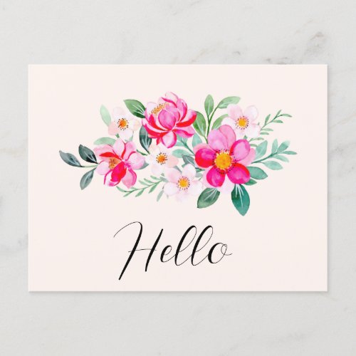 Playful Pretty Pink Flower Bouquet Hello Postcard