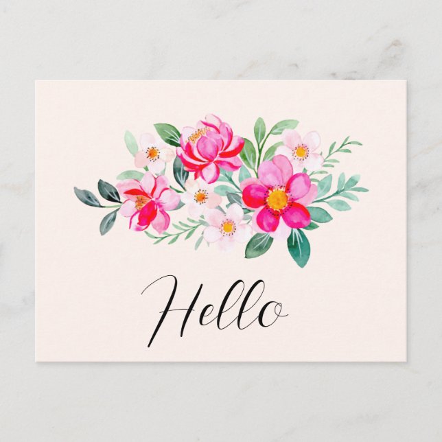 Playful Pretty Pink Flower Bouquet Hello Postcard (Front)