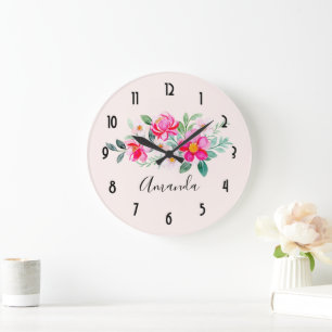 Playful Pretty Pink Flower Bouquet Large Clock