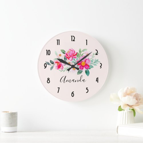 Playful Pretty Pink Flower Bouquet Large Clock