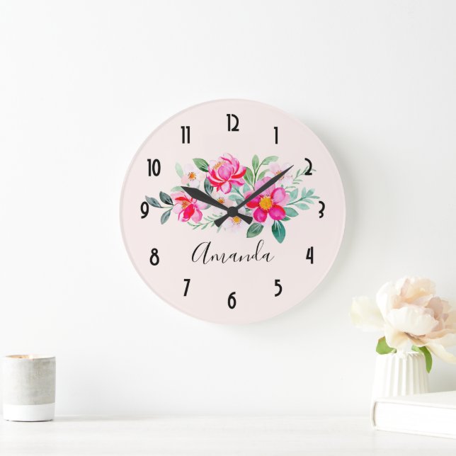Playful Pretty Pink Flower Bouquet Large Clock (Home)