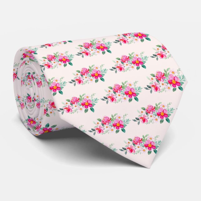 Playful Pretty Pink Flower Bouquet Neck Tie (Rolled)