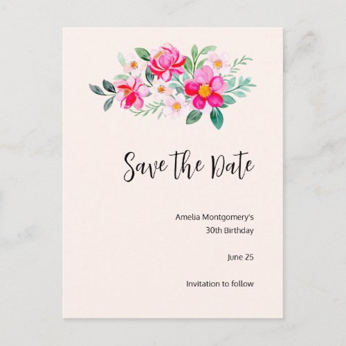 Playful Pretty Pink Flower Bouquet Save the Date Invitation Postcard