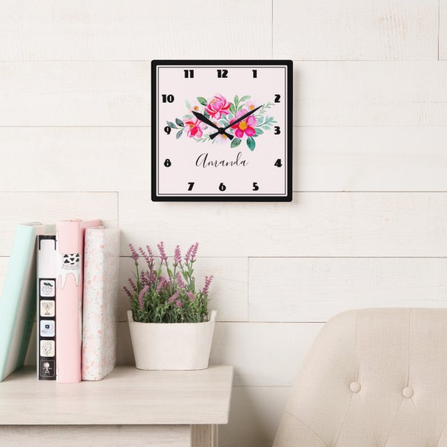 Playful Pretty Pink Flower Bouquet Square Wall Clock (Reading Room)