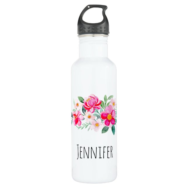 Playful Pretty Pink Flower Bouquet Stainless Steel Water Bottle (Front)