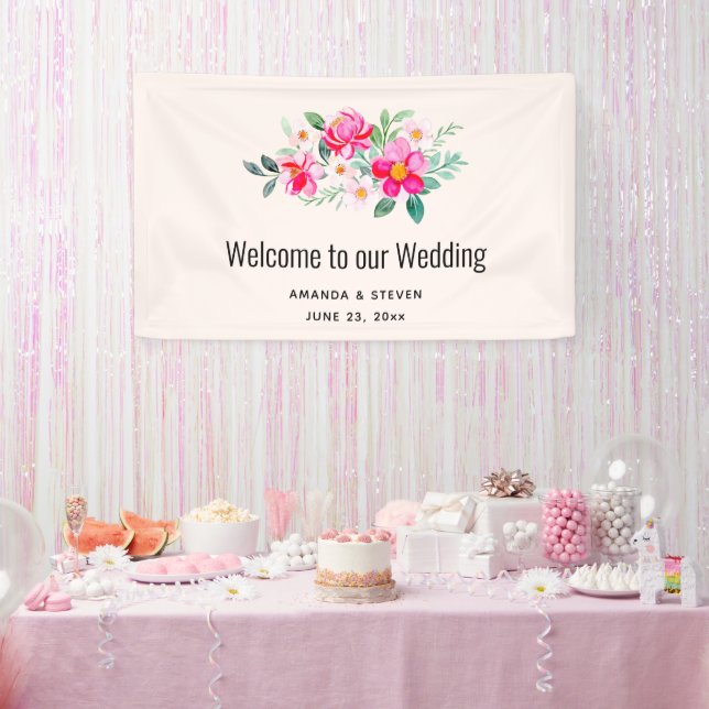 Playful Pretty Pink Flower Bouquet Wedding Banner (Party)