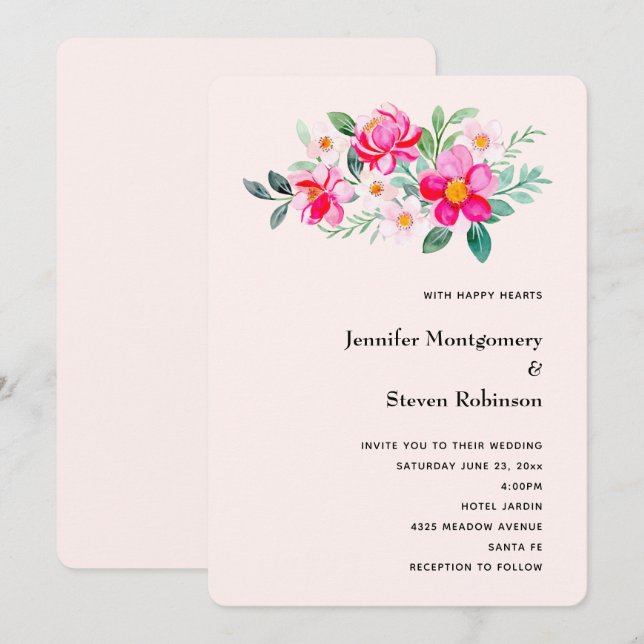 Playful Pretty Pink Flower Bouquet Wedding Invitation (Front/Back)