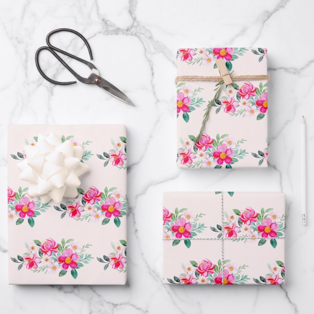 Playful Pretty Pink Flower Bouquet Wrapping Paper Sheets (Front)