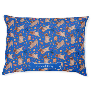 Playful Pug Illustration Blue Design Whimsical Pet Bed