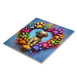 Playful Pug in Colorful Heart Print Ceramic Tile