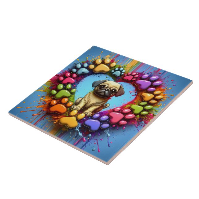 Playful Pug in Colorful Heart Print Ceramic Tile (Side)