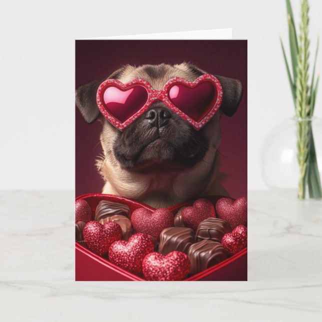 Playful Pug in Heart-Shaped Box Valentine Card (Front)