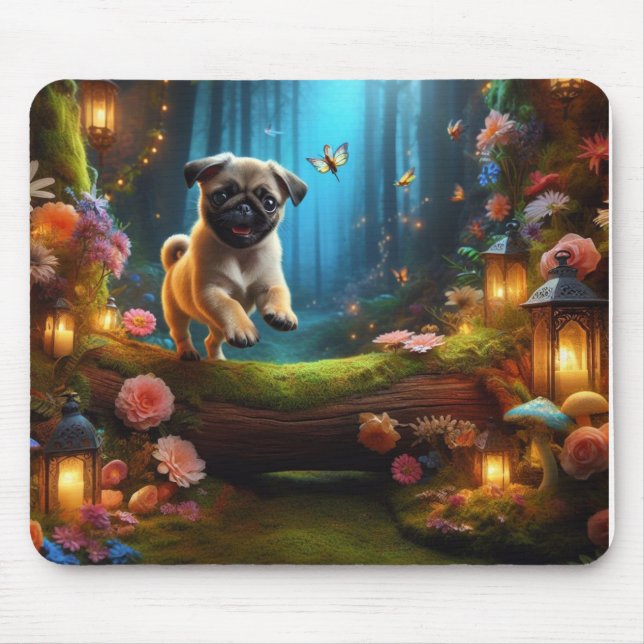 Playful Pug Puppy in Enchanted Forest Mouse Pad (Front)