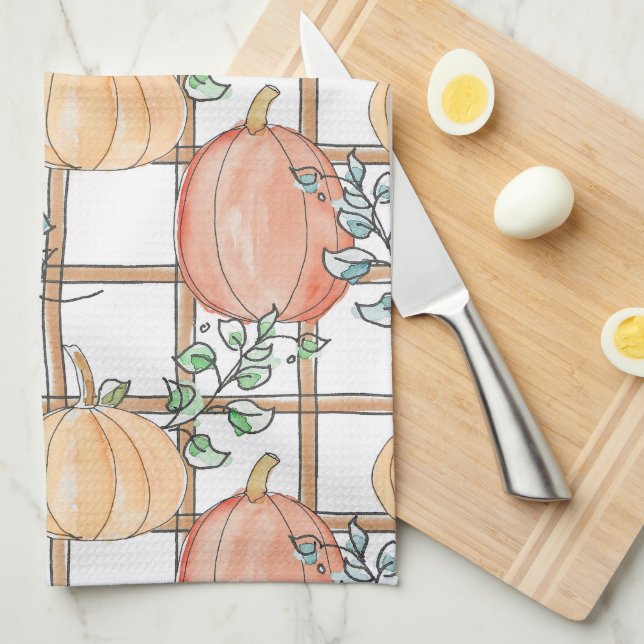Playful pumpkin and plaid kitchen towel (Quarter Fold)