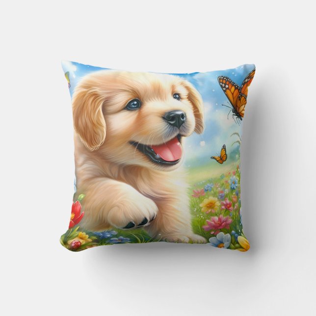 Playful puppy dog throw pillow (Front)