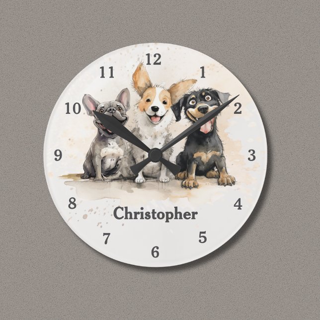 Playful Puppy Dogs Watercolor Personalized Round Clock (Playful Puppy Dogs Personalized Clock with Watercolor Puppies, Boy's Name.)