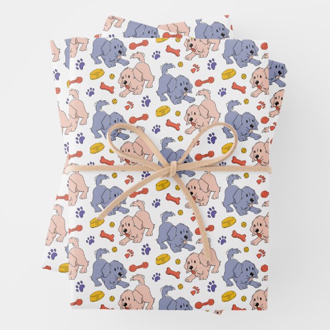 Playful Puppy & Paw Pattern Wrapping Paper Sheets (In situ)