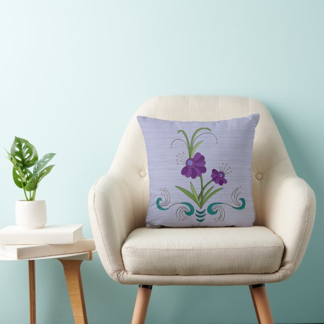 Playful Purple Flower w/Tumbling Teal Swirls Throw Pillow (Chair)