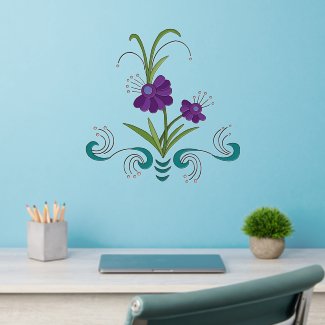 Playful Purple Flower with Tumbling Teal Swirls Wall Decal