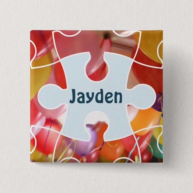 Playful Puzzle Balloon Birthday Party Name Button (Front)