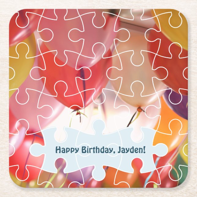 Playful Puzzzle Balloon 4th Birthday Party Square  Square Paper Coaster (Front)