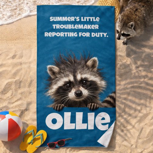 Playful Raccoon Beach Day Illustration Towel