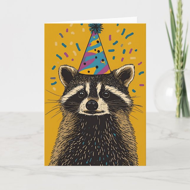 Playful Raccoon Birthday Party Greeting Card (Front)