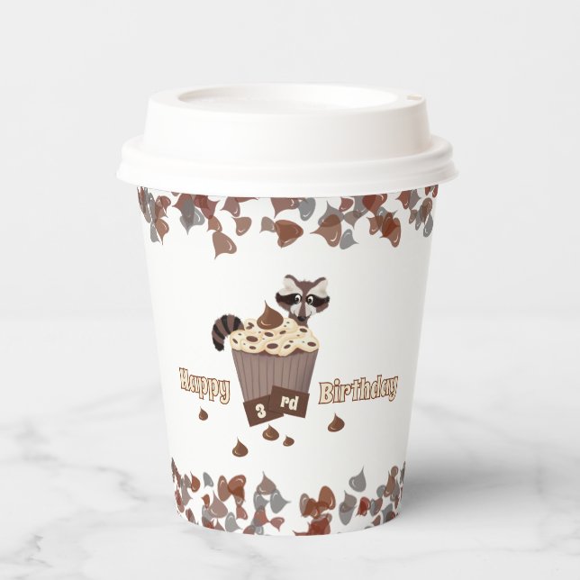 Playful Raccoon Chocolate Chip Birthday Paper Cups (Front)
