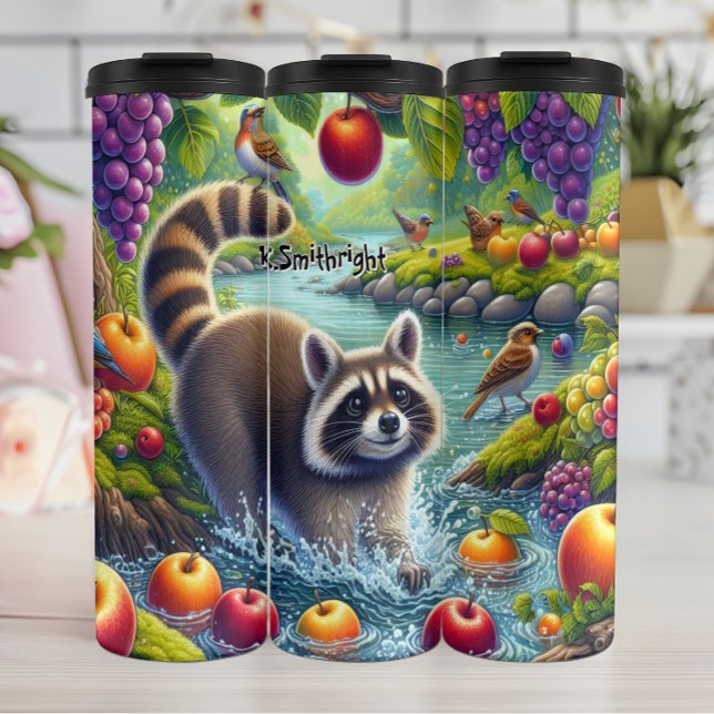 Playful Raccoon in Fruit River Thermal Tumbler (Creator Uploaded)