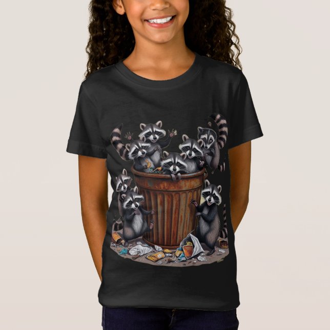 Playful Raccoons Trash Can Mischief T-Shirt (Front)