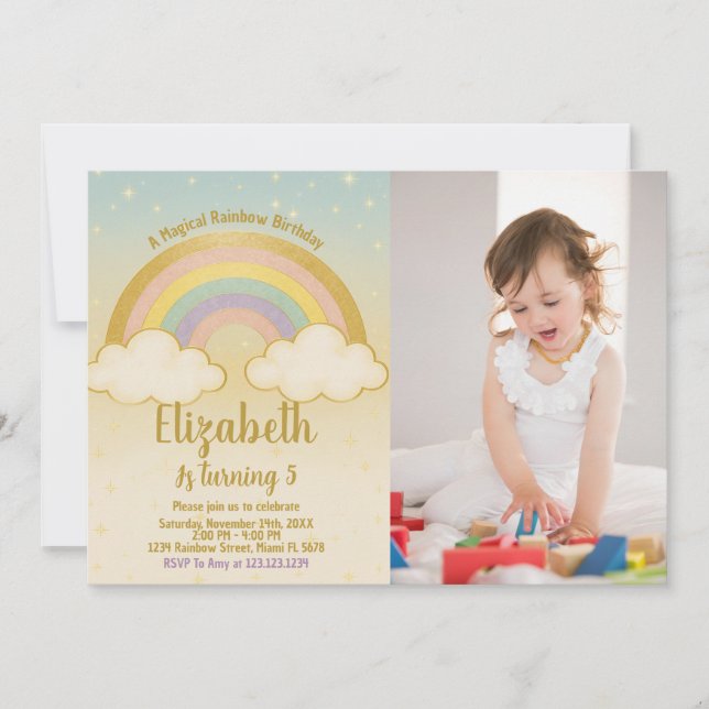 Playful Rainbow Birthday Invitation with photo (Front)