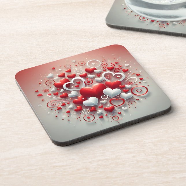 Playful Red and White Hearts Valentine’s Day Beverage Coaster (Left Side)