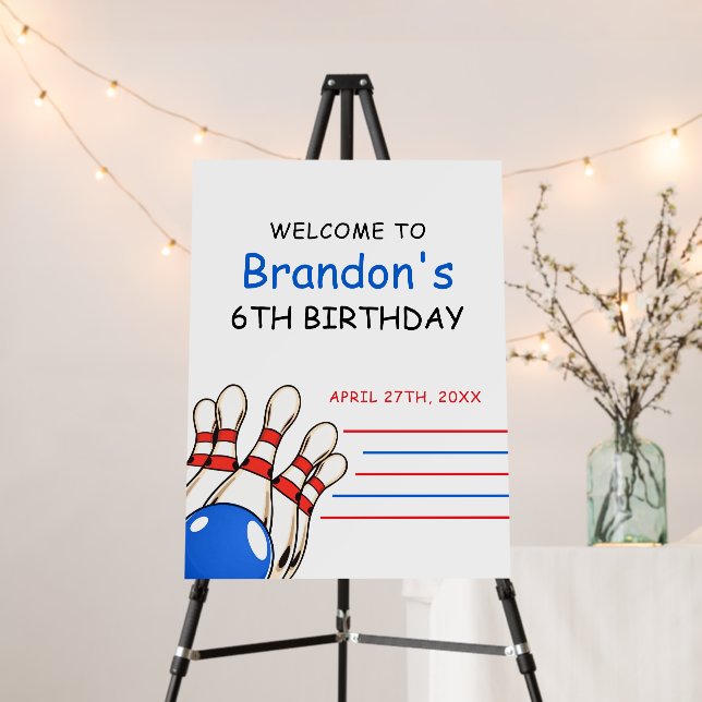 Playful Red & Blue Bowling Themed 6th Birthday Foam Board (In Situ (Stand))