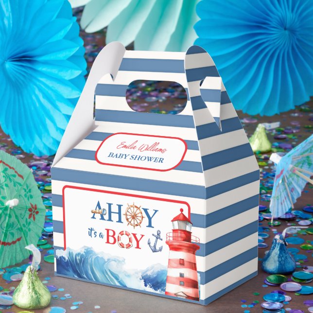 Playful Red Blue Nautical Waves Baby Shower Favor Boxes (Party)