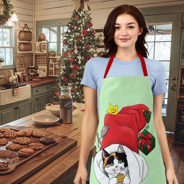 Playful Red Christmas Calico Kitten Holidays Apron (Creator Uploaded)