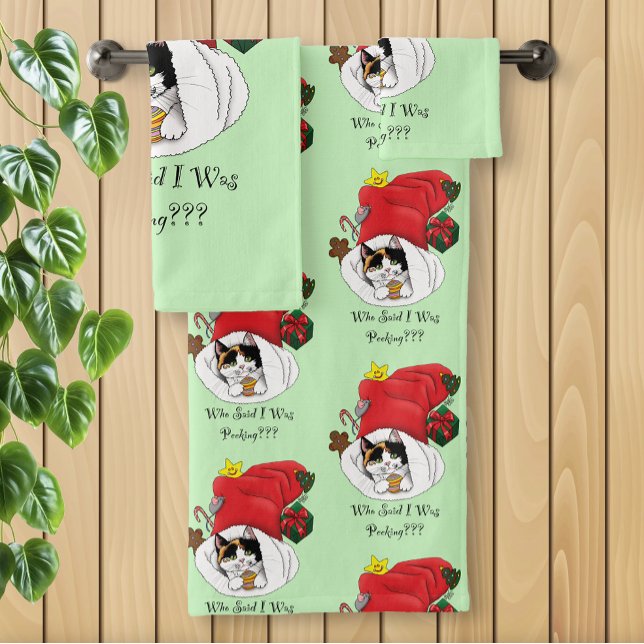 Playful Red Christmas Calico Kitten Holidays Bath Towel Set (Creator Uploaded)