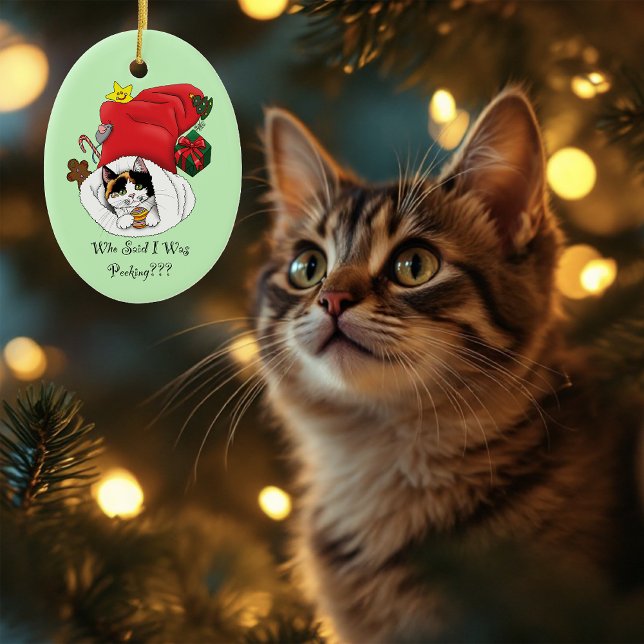 Playful Red Christmas Calico Kitten Holidays Ceramic Ornament (Creator Uploaded)