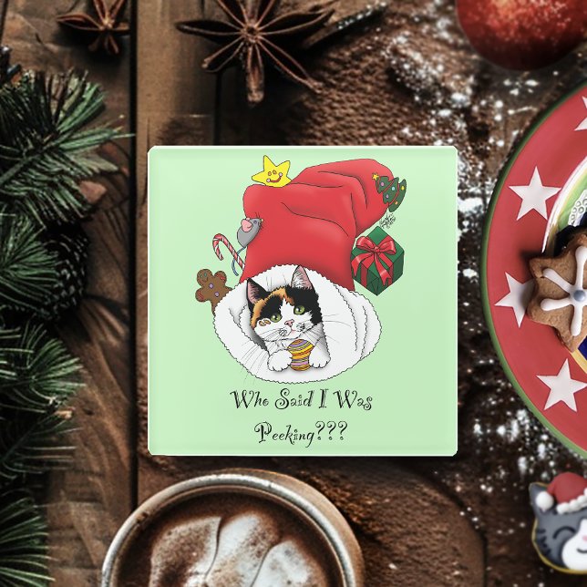 Playful Red Christmas Calico Kitten Holidays Glass Coaster (Creator Uploaded)