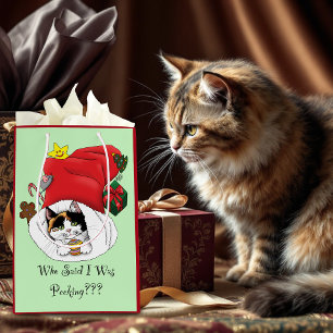 Playful Red Christmas Calico Kitten Holidays Medium Gift Bag
