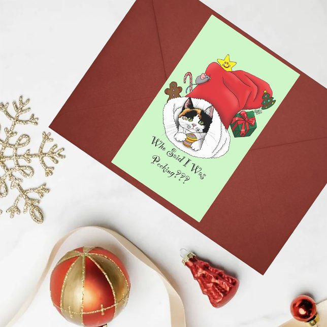 Playful Red Christmas Calico Kitten Holidays Rectangular Sticker (Creator Uploaded)