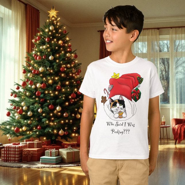 Playful Red Christmas Calico Kitten Holidays T-Shirt (Creator Uploaded)